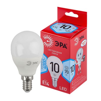 Лампа светодиодная ЭРА RED LINE LED P45-10W-840-E14 R Е14, 10Вт, шар, нейтральный белый свет /1/10/100/