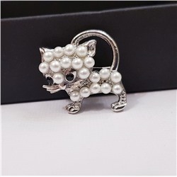 Мини-брошка Кошка с жемчугом серебряный цвет