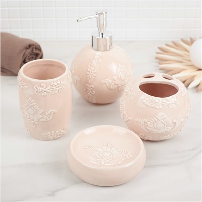 Набор аксессуаров для ванной комнаты «Орхидея», 4 предмета (дозатор 400 мл, мыльница, 2 стакана), цвет розовый