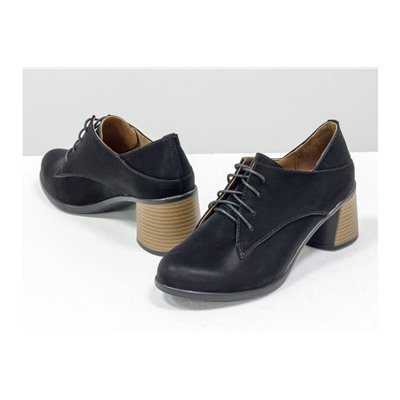 Стильные туфли на шнуровке, из натуральной бархатной кожи черного цвета, на невысоком устойчивом черно-бежевом каблуке необычной формы, Новая Коллекция от Джино Фиджини, Т-19150-01