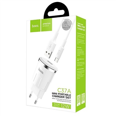 Адаптер Сетевой с кабелем Hoco C37A USB 2,4A/10W (USB/Micro USB) (white)