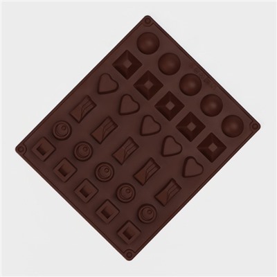 Форма для шоколада Доляна «Коробка конфет», силикон, 27×23×1,5 см, 30 ячеек (3,2×3,2 см), цвет коричневый