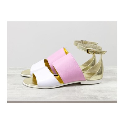 Нарядные летние сандалии из натуральной кожи белого, розового и золотого цвета, на низком ходу коллекция Весна-Лето от Джино Фиджини, С-605-08