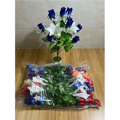 Цветы искусственные декоративные Букет 10роз+3лилии с гипсофилой 60 см