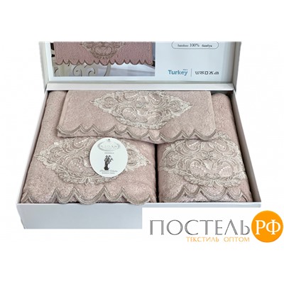 Набор полотенец Карвен "DAMASK"гипюр с кружевом,бамбук 30*50/50*90/70*140 HS1717 v3 pudra/пудровый