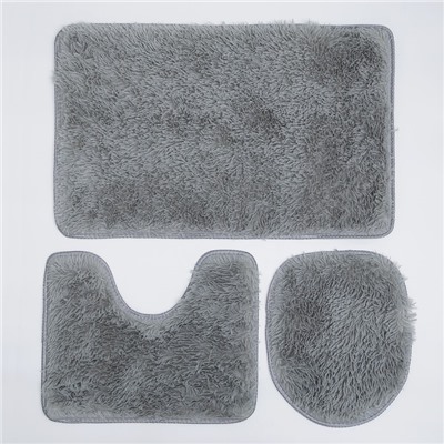 Набор ковриков для ванной и туалета Доляна «Плюшевый», 3 шт, 32×40 см, 40×50 см, 50×80 см, цвет серый