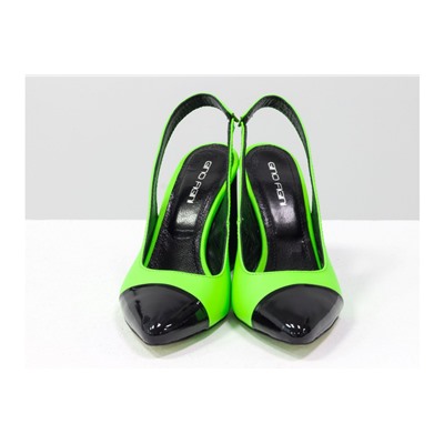 Дизайнерские неоновые туфли на высоком глянцевом каблуке, выполнены из натуральной итальянской кожи салатового и черного цвета, Новая Коллекция Весна-Лето от производителя Gino Figini, С-2015-01