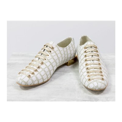 Новые дизайнерские туфли от Gino Figini на золотой шнуровке по всей высоте, из белой текстурированной кожи "черепаха" на удобном невысоком золотом каблуке, Т-1915-09