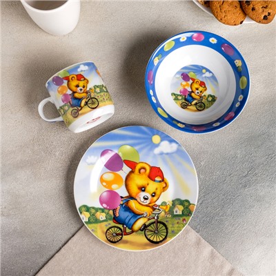 Набор детской посуды «Мишка на велосипеде», 3 предмета: кружка 230 мл, миска 400 мл, тарелка 18 см