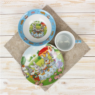 Набор детской посуды «Крольчата на обеде», 3 предмета: кружка 220 мл, миска 400 мл, тарелка 18 см