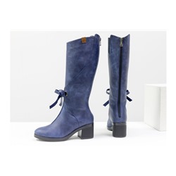 Стильные синие сапоги для женщин из матовой натуральной кожи с рыжими вставками на удобном не высоком каблуке черного цвета,  ТМ Gino Figini М-17500-01