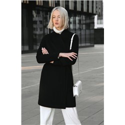 Шерстяное пальто со стойкой и поясом в стиле Полины Гагариной, черное. Арт. 420