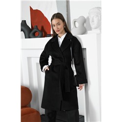 Шерстяное пальто халатного типа с английским воротником, черное. Арт.297