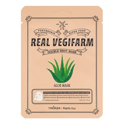 Тканевая маска для лица с экстрактом алоэ вера Super Food Real Vegifarm Double Shot Mask Aloe Корейская косметика по оптовым ценам. Популярные бренды Корейской косметалогии в интернет магазине ooptom.ru.