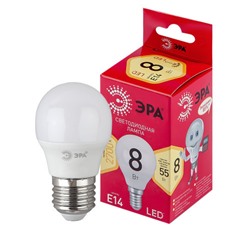 Лампа светодиодная ЭРА RED LINE LED P45-8W-827-E14 R Е14, 8Вт, шар, теплый белый свет /1/10/100/