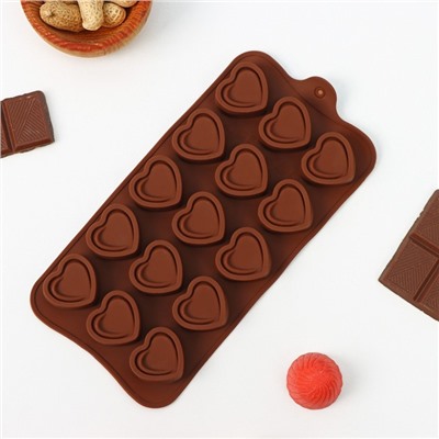 Форма для шоколада Доляна «Сладкое сердце», силикон, 21×10×1,5 см, 15 ячеек (2,9×2,7 см), цвет коричневый