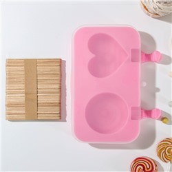 Форма для мороженого «Позитив», силикон, 19,5×11×2,5 см, 2 ячейки, с крышкой и палочками (50 шт), цвет МИКС