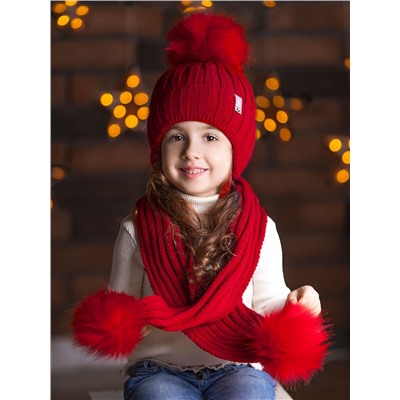 Шапка вязаная детская с помпоном на завязках, лапша, HELLO WINTER + шарф, красный