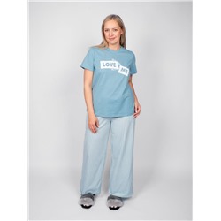 0933 Пижама женская (футболка+брюки) пыльно-голубой/полоска на нежно-голубом Be Friends