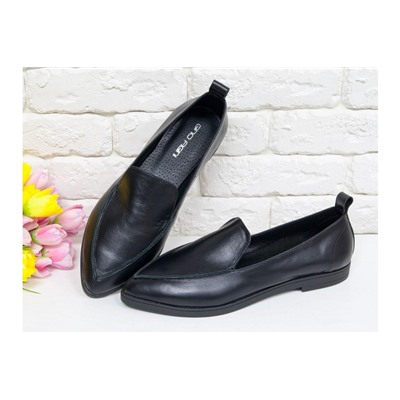 Легкие туфли без подклада из натуральной гладкой кожи черного цвета, на практичной черной подошве, Т-1707-16