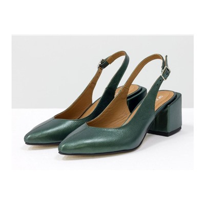 Изящные туфли Слингбэки из натуральной кожи зеленого цвета, с удлиненным носиком, на невысоком квадратном каблуке, С-1909-14