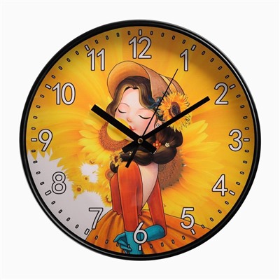 Часы настенные "Девушка с подсолнухом", d-30 см, плавный ход