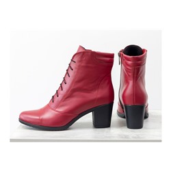 Ботинки со шнуровкой на устойчивом каблучке из натуральной гладкой кожи красного цвета, Коллекция Осень-Зима,  Б-157-16