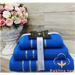 Комплект махровых полотенец с золотой полосой ярко-синий (упаковка 3шт)