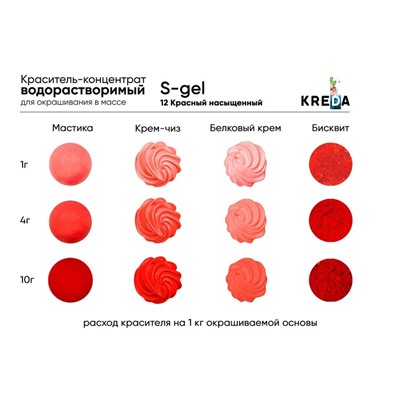 Краситель пищевой Kreda Bio S-gel, водорастворимый, насыщенный красный, 20 мл