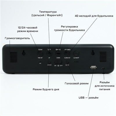 Часы электронные настольные с будильником, с подвесом, 2400 мАч, 3.5 х 7 х 26.5 см