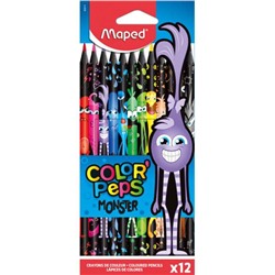 Maped. Карандаши цветные пластиковые "Color'Peps Black Monster" (12 цв) декорированные,  арт.862612