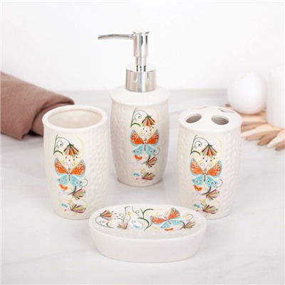 Набор аксессуаров для ванной комнаты «Осенняя бабочка», 4 предмета (дозатор 250 мл, мыльница, 2 стакана)