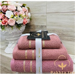 Комплект махровых полотенец с золотой полосой розовый (упаковка 3шт)