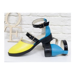 Красивые женские Туфли из натуральной кожи яркого сочетания желтого и голубого цвета, на застежках - черных лаковых ремешках, на невысоком каблуке, Д-23-13