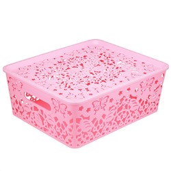 "Домашняя мода" Корзина-ящик пластмассовая для хранения "Бабочки" 35х29см h13,3см, матовый пластик, с крышкой, с ручками, розовый (Китай)