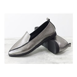 Легкие туфли без подклада из натуральной кожи флотар цвета никель, на практичной черной подошве, Т-1707-32