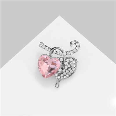 Брошь «Сердечки на веточке», цвет бело-розовый в серебре
