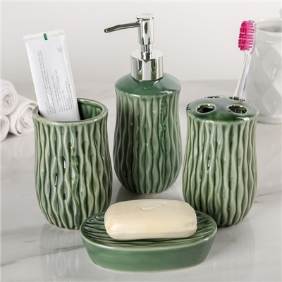 Набор аксессуаров для ванной комнаты, 4 предмета "Волны", цвет зелёный