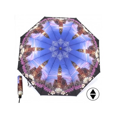 Зонт женский ТриСлона-883/L 3883 С,  R=55см,  суперавт;  8спиц,  3слож,  полиэстер,  синий/фиолет  (собор)  221234