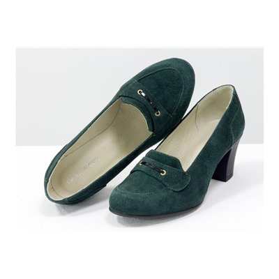 Удобные туфли из натуральной замши насыщенного зеленого цвета на устойчивом каблуке средней высоты, Т-201-05