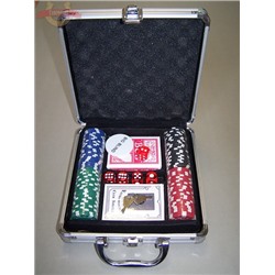 Покер (101фишка (тяжелые) + 2колоды карт+кости) в чемодане металлик с ключами 22х22см