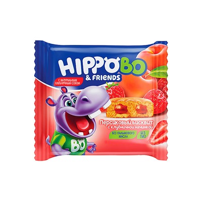 «HIPPO BONDI & FRIENDS», бисквитное персиковое пирожное с клубничной начинкой, 32 г (упаковка 12 шт.)
