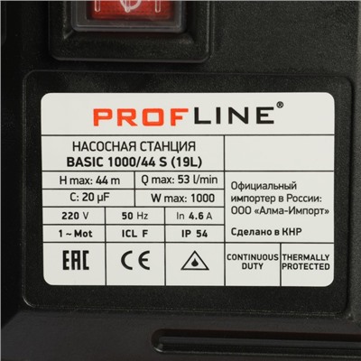 Насосная станция PROFLINE BASIC 1000/44S, 1000 Вт, напор 44 м, 53 л/мин, бак 19 л