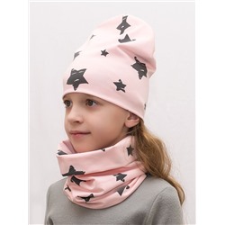 Комплект для девочки шапка+снуд Звезды на пудровом, размер 48-50; 50-52; 52-54,  хлопок 95%