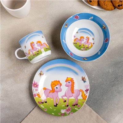 Набор детской посуды «Пони», 3 предмета: кружка 230 мл, миска 400 мл, тарелка 18 см