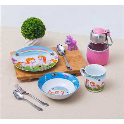 Набор детской посуды «Пони», 3 предмета: кружка 230 мл, миска 400 мл, тарелка 18 см