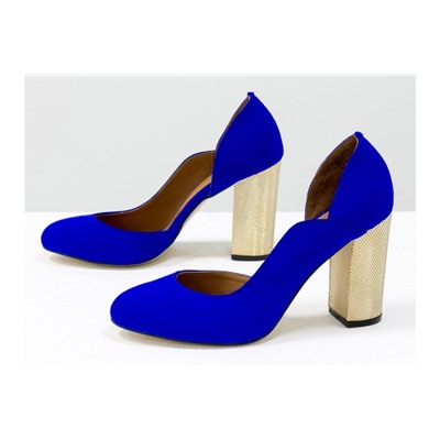 Женские туфли из итальянской замши ярко-синего цвета, на устойчивом золотом каблуке с объемным 3D рисунком, Т-17423/3-01