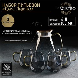 Набор для напитков из стекла Magistro «Дарк. Льдинка», 5 предметов: кувшин 1,6 л, 4 кружки 300 мл, цвет серый