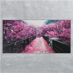 Часы-картина настенные, на холсте, серия: Город, "Сиреневая листва на мосту" 40х76 см