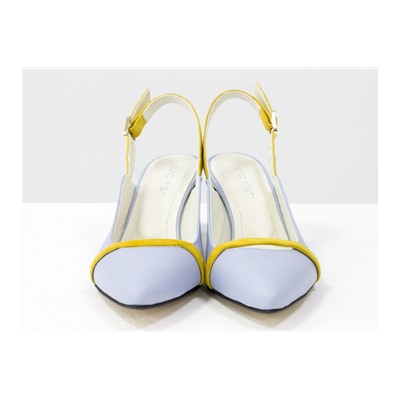 Эксклюзивные туфли "Слингбеки", с открытой пяткой, из натуральной итальянской кожи небесно-голубого цвета с горчичной замшевой лентой на носике, на невысокой шпильке, Лимитированная серия, С-1907-10